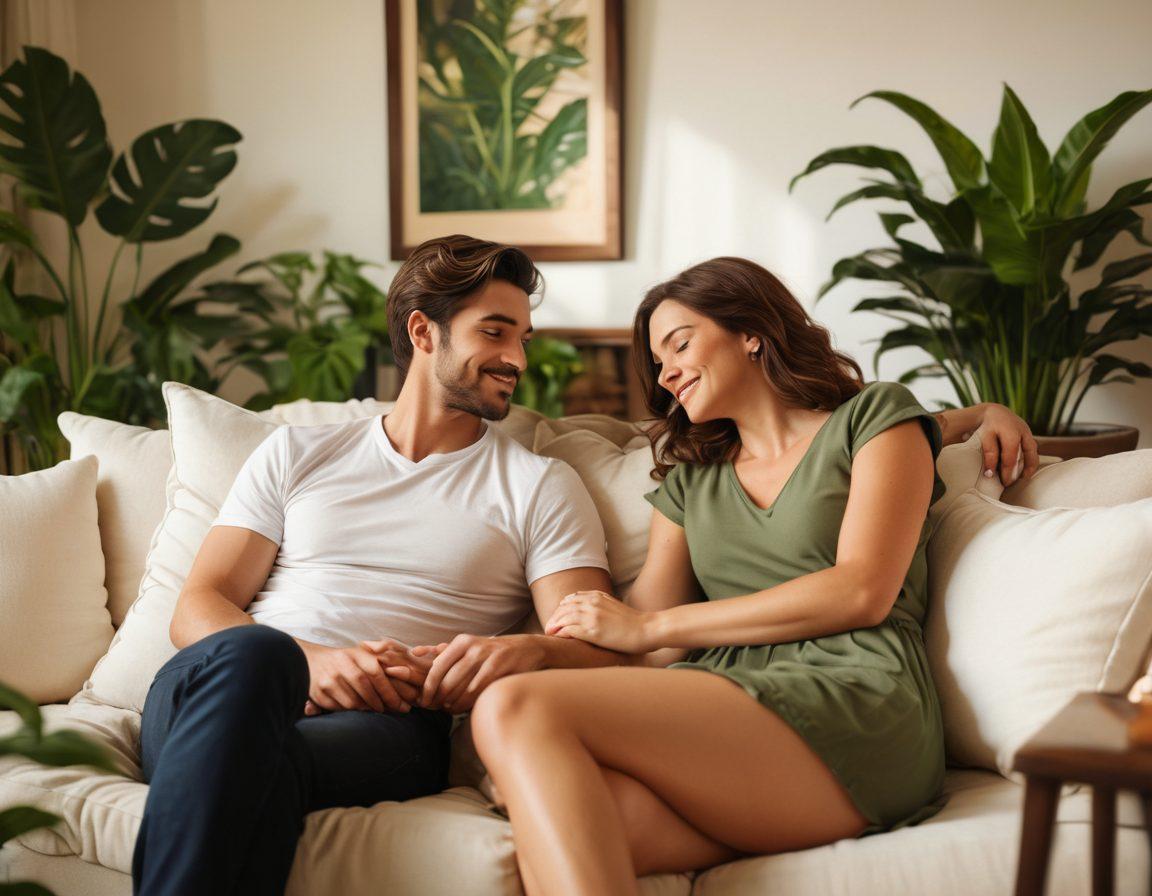 A warm, embracing couple sitting on a cozy couch, surrounded by soft pillows and gentle lighting, sharing a heartfelt moment while holding hands and gazing into each other's eyes. In the background, family photos symbolize connection and love, with plants adding a touch of nature. The scene evokes feelings of intimacy and warmth. realistic. warm colors. soft focus.