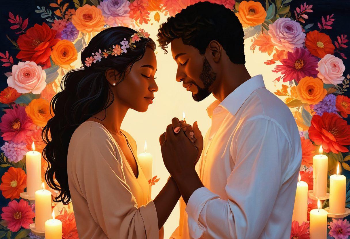 A tender scene of a diverse couple engaged in an intimate moment, surrounded by soft glowing candles and blooming flowers, symbolizing love and affection. Incorporate symbols of connection such as intertwined hands and heart-shaped elements in the background. Use warm colors to convey warmth and positivity in the relationship. romantic painting. vibrant colors.