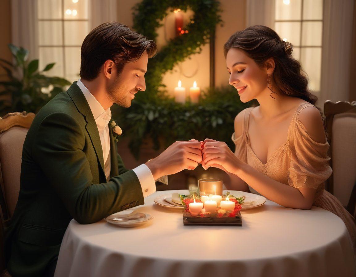 A cozy scene featuring a couple sharing an intimate moment, surrounded by soft candlelight and warm colors. Include elements like intertwined hands, a small table with a heart-shaped dessert, and a background of lush greenery symbolizing growth in their relationship. Capture the essence of togetherness and romance with a focus on their joyful expressions. super-realistic. warm tones. inviting atmosphere.